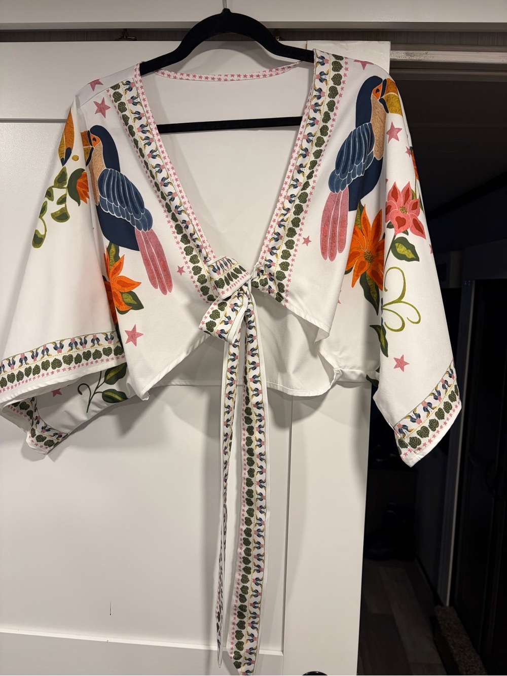 SHEIN White Tropical Parrot Tie-Front Blouse with Floral Print